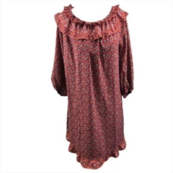 NWT Max Studio Rust/Red Floral Puff-Sleeve Ruffled Boho Dress Large - Picture 4 of 10